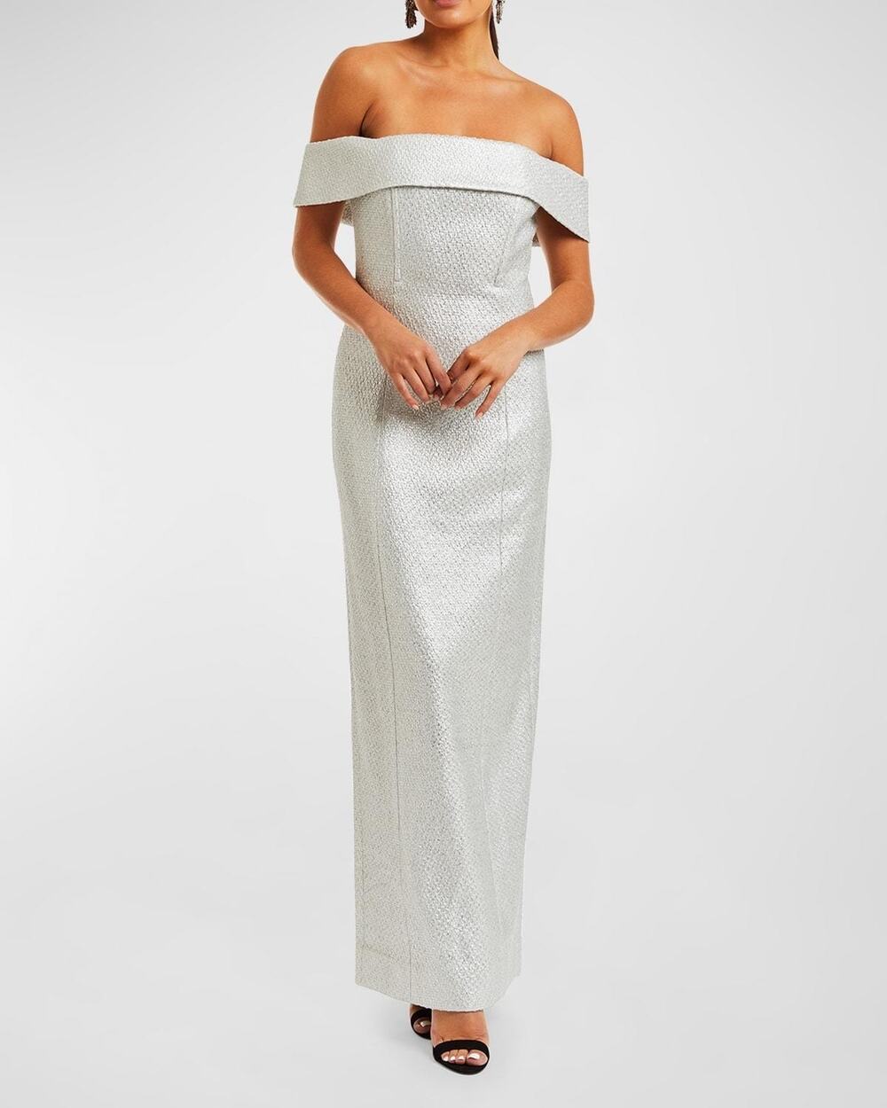 Mestiza New York Mona Silver Metallic Tweed Off the Shoulder Formal Gown 14